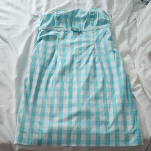 Blue and White Checkered Strapless Dress